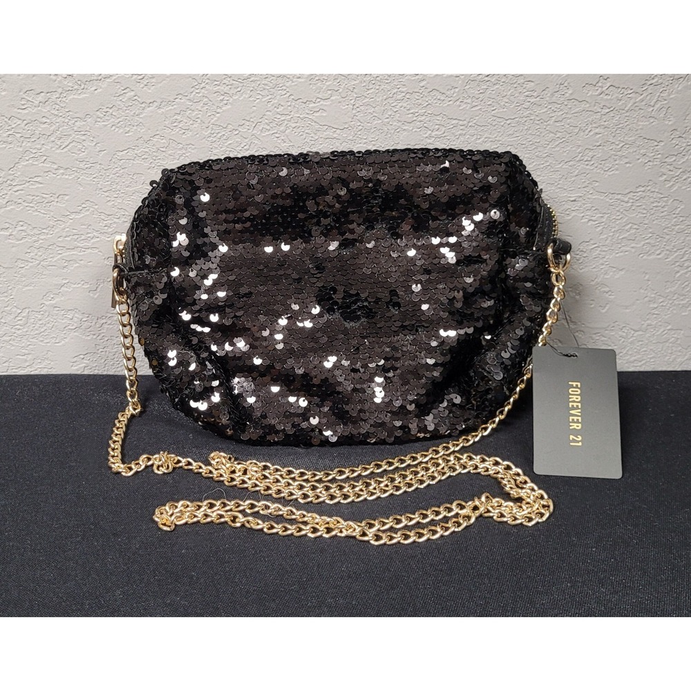 Women's Forever 21 Black Sequin Purse/Shoulder Bag with Gold Colored Chain Strap